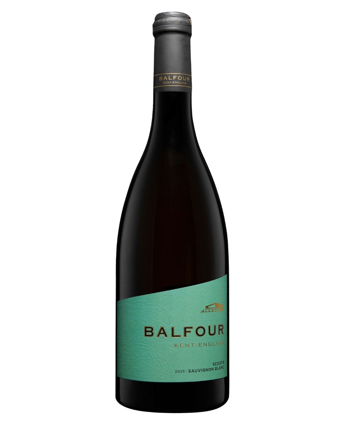 A bottle of Balfour Sauvignon Blanc, English white wine. Featuring a dark glass bottle with a teal label.