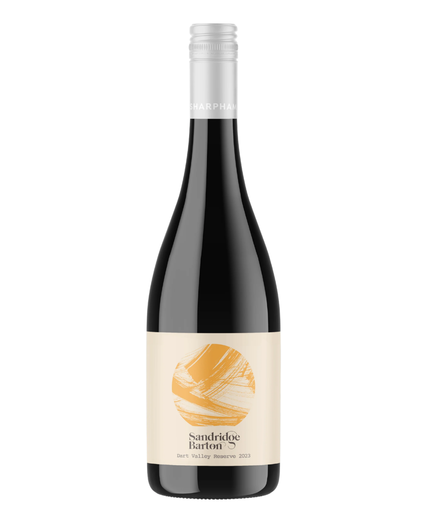 A bottle of Sandridge Baron wine with a cream-colored label featuring a gold abstract design, set against a plain white background.