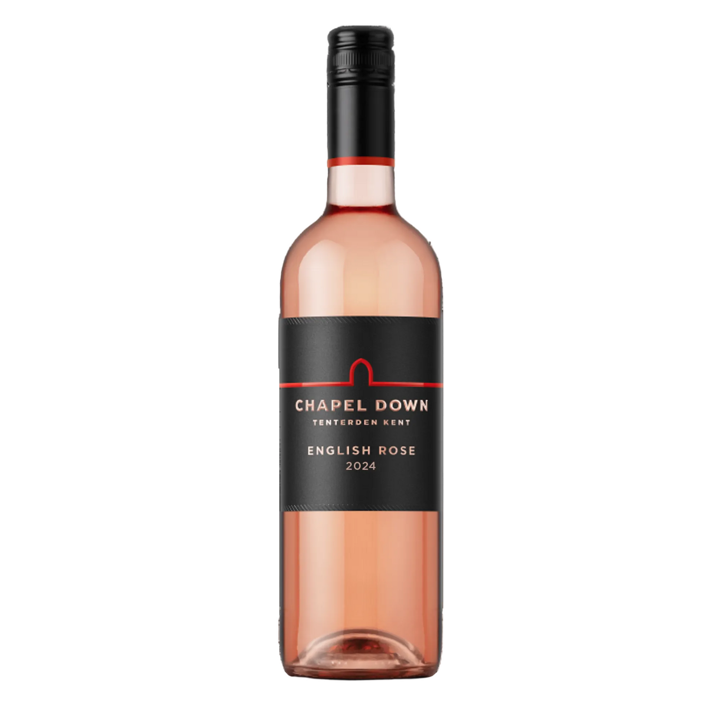 Bottle of Chapel Down English Rose 2024 wine on a white background