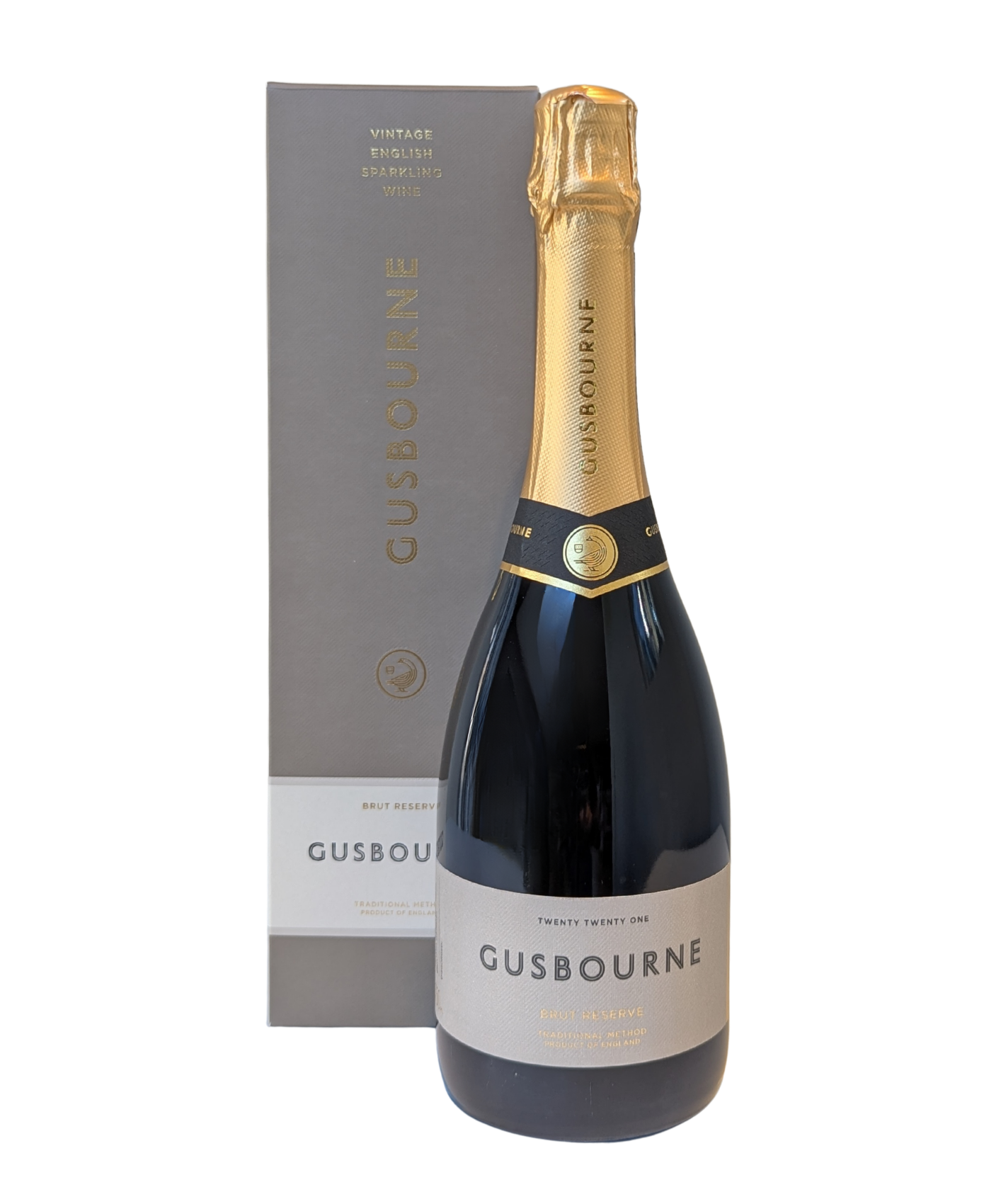 Gusbourne brut reserve bottle with gift box on a white background
