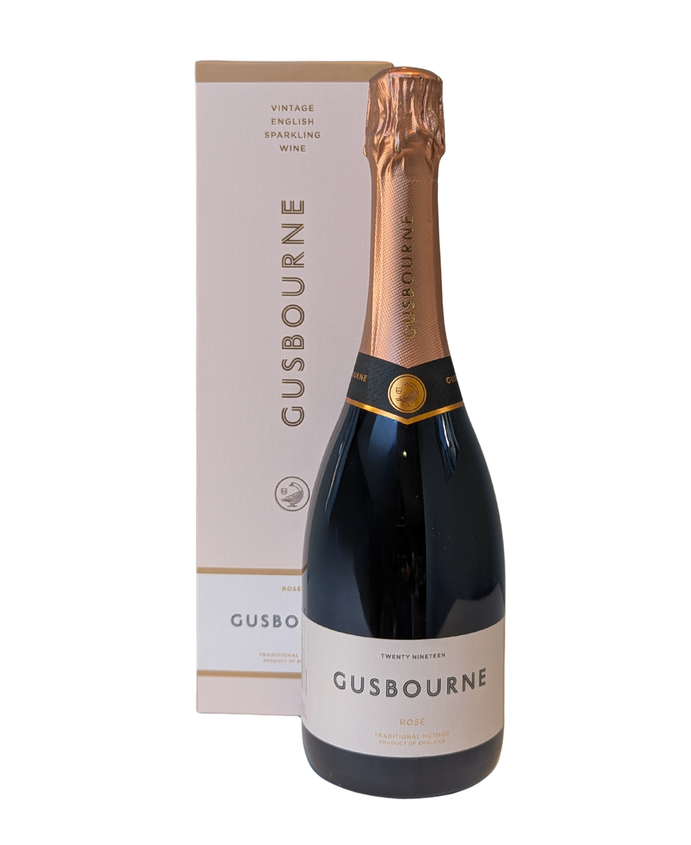 Gusbourne wine bottle and gift box on a white background. English sparklng wine.