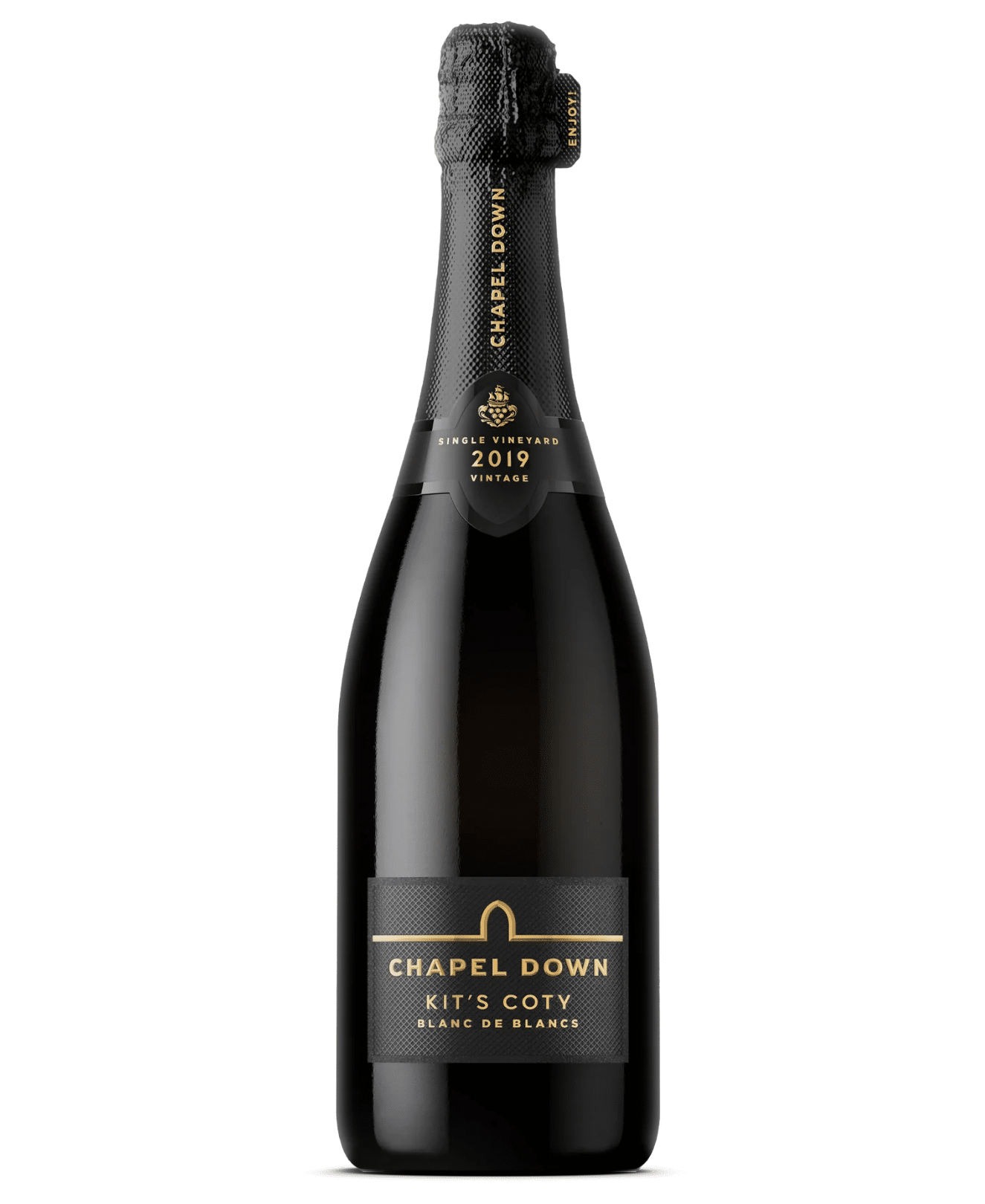 Chapel Down Kit's Coty champagne bottle on a white background