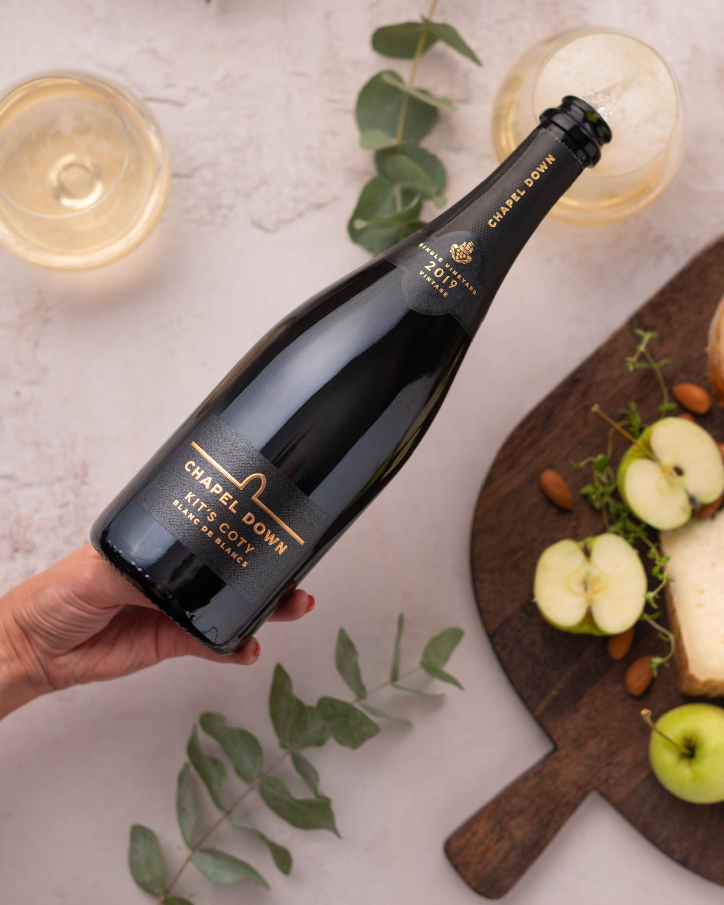 Bottle of chapel down, kits coty blanc de blancs. English sparkling wine.