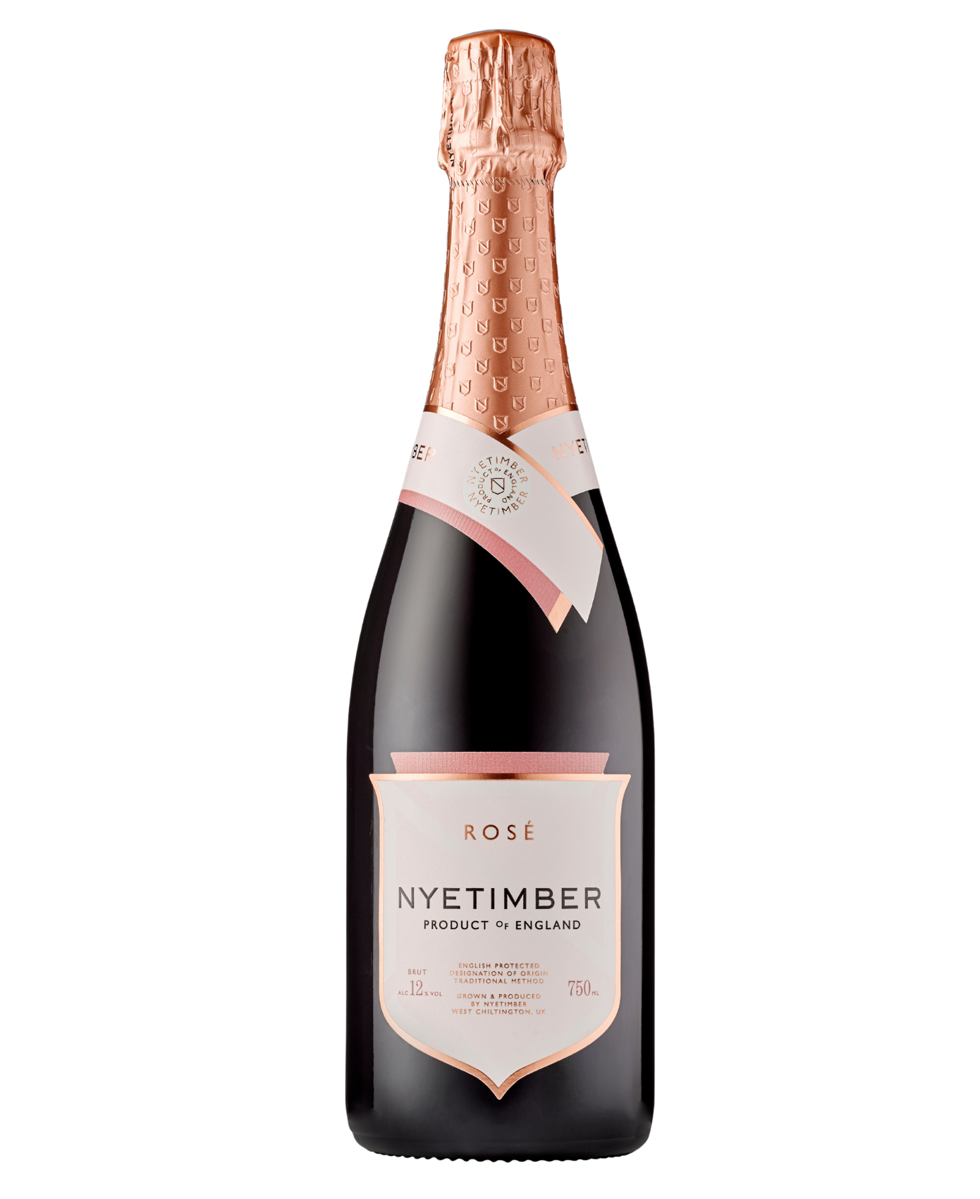 Bottle of Nyetimber Rose sparkling wine on a white background