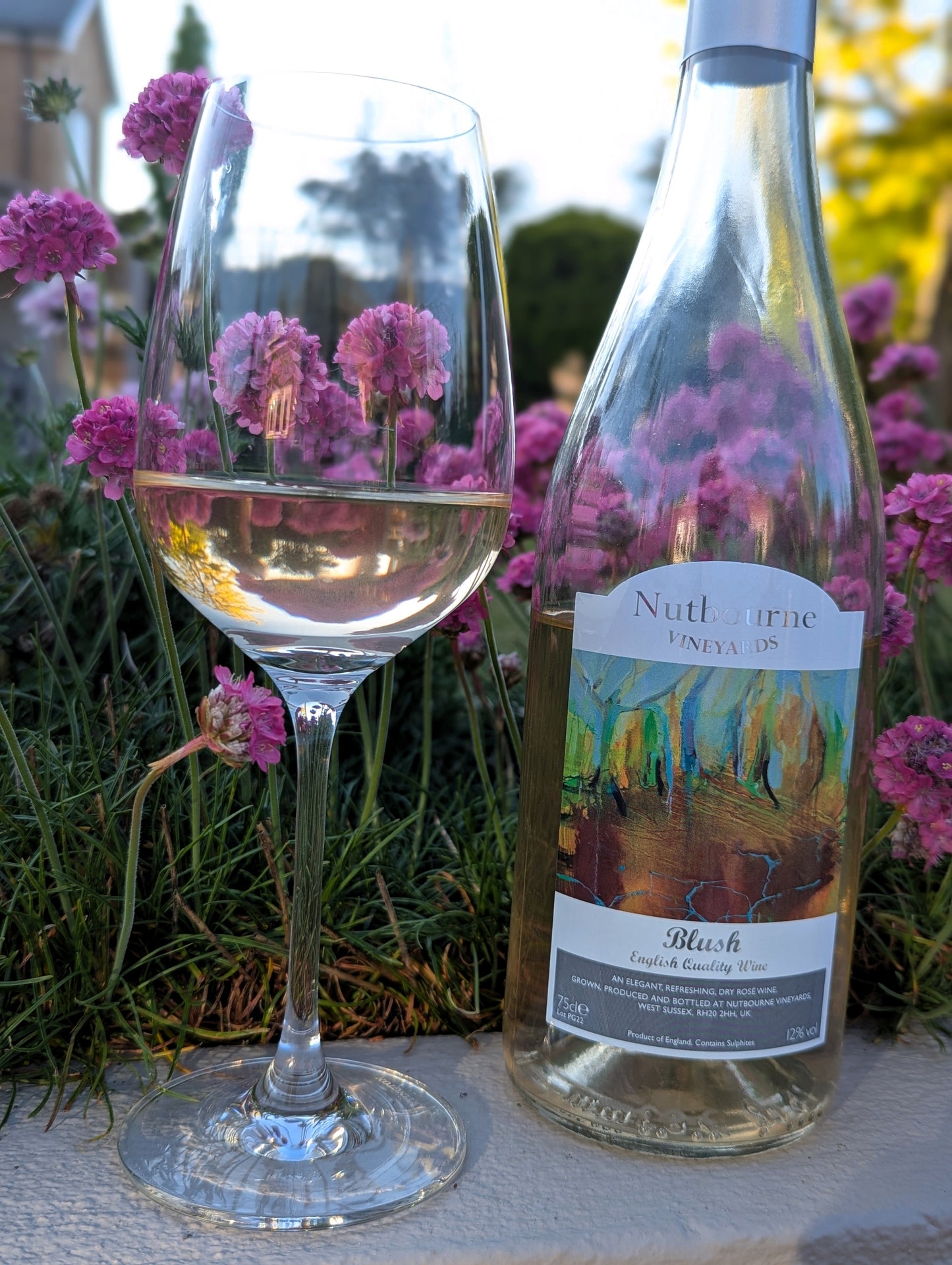 Wine glass and bottle with floral background. Nutbourne Blush